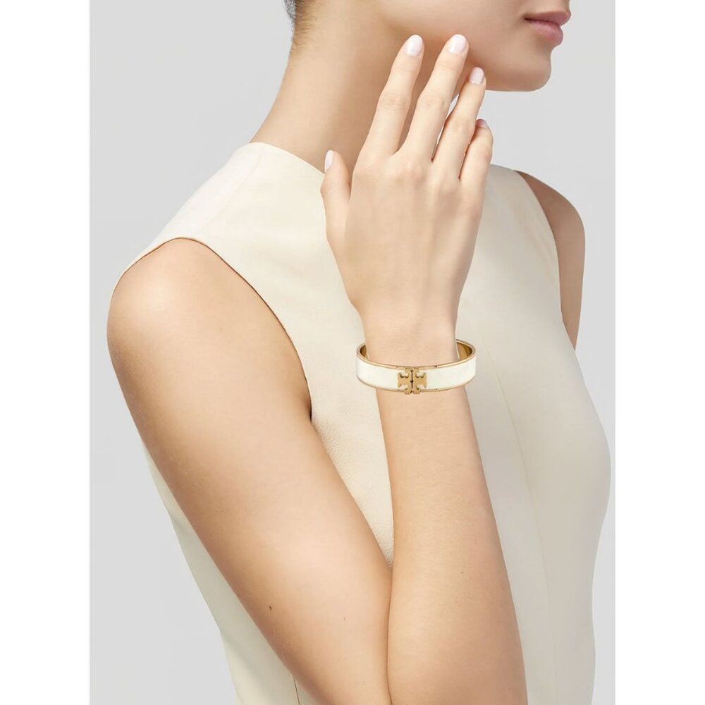 Tory Burch Enameled Kira Logo Hinged Bracelet Gold/ Ivory OS - Picture 10 of 10